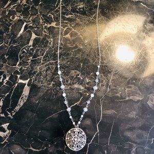 Long Sweater Necklace with faceted translucent and faceted beads, crystals.